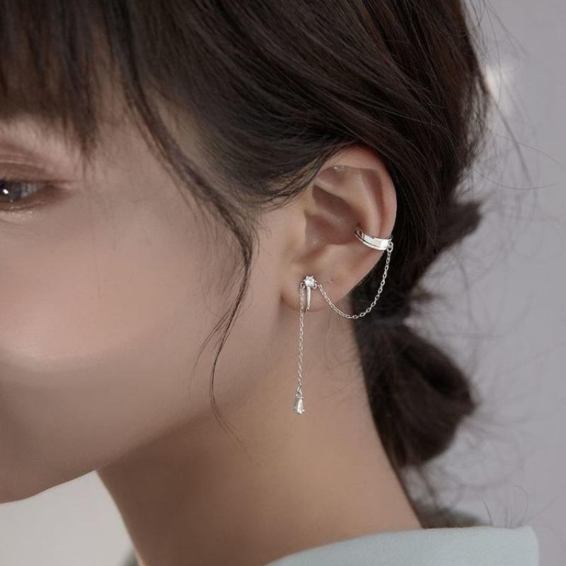Fashion Simple Sliver Color Long Chain Tassel Ear Clip Earrings for Women Girls Without Piercing Ear Cuff Earrings Zircon Party
