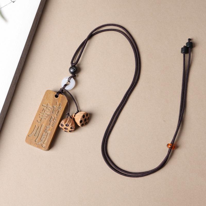 Jujube Wood Carved Mountain Ghost Necklace with Bagua Buckle and Seven Star Coin Pendant