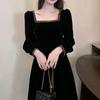 Gold Border Square Neck Velvet Dress for Women Autumn-winter Vintage Hepburn Style with Evening Gown A-line Long Skirt