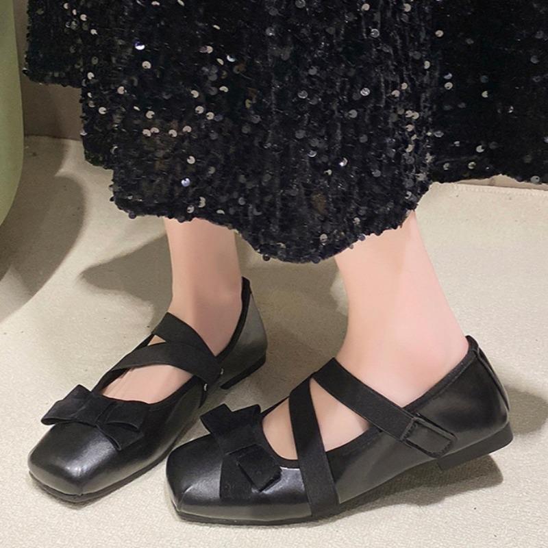 Fashion Flat Shoes Spring New Square Head Shallow Mouth Butterfly Knot Cross with Soft Sole Anti-slip Wear-resistant Single Shoes