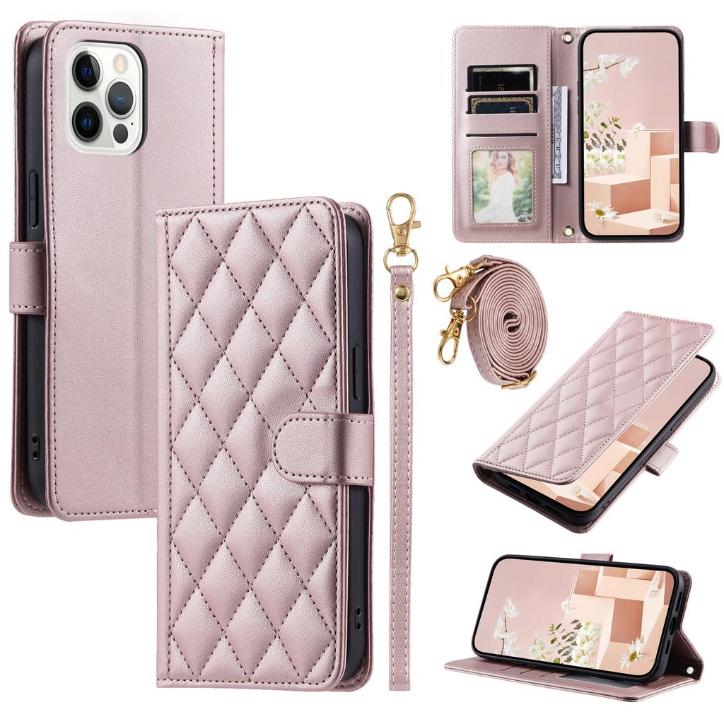 For iPhone 12/12 Pro Leather Case Wallet Stand Flip Phone Cover with 2 Straps