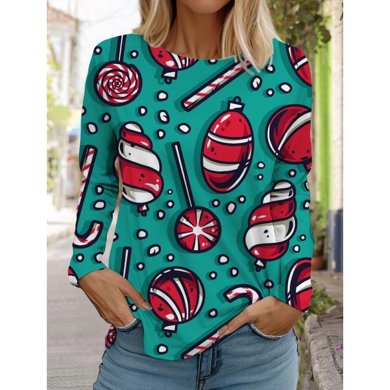 Женская футболка с длинным рукавом и рождественским принтом оленей, спортивный повседневный милый полиэстер с круглым вырезом и длинным рукавом