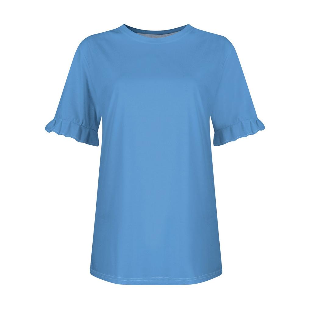 Ladies Summer Solid Color Short Sleeve Ruffle Round Neck T-Shirt