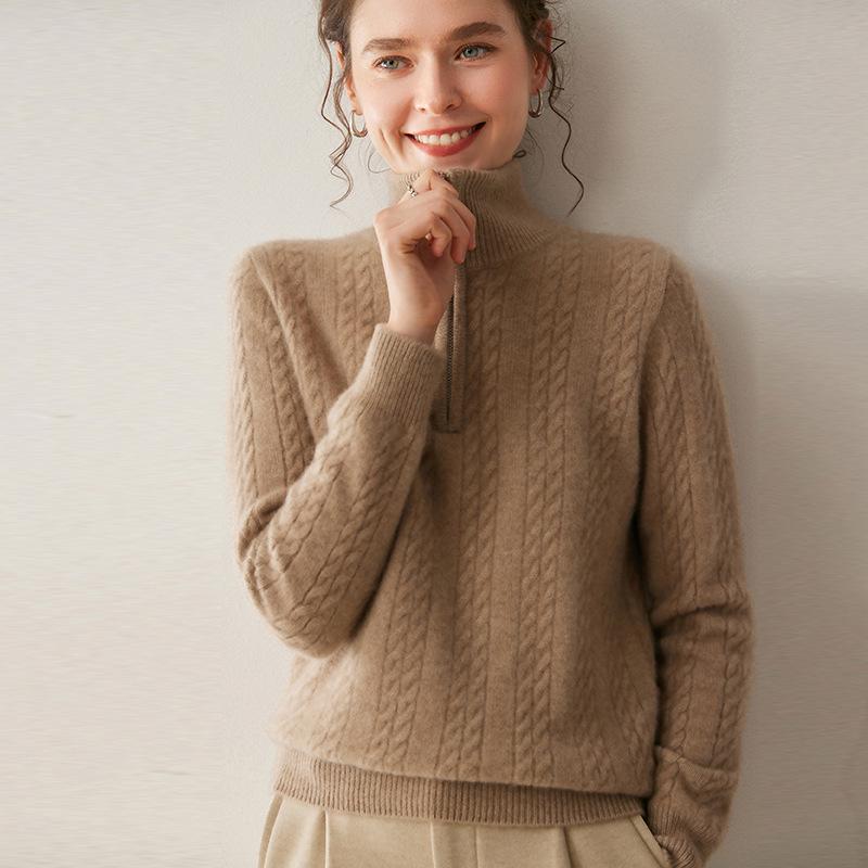 Women's Thickened Cashmere Stand Collar Sweater - Loose Fit, Zipper Lapel, Autumn/Winter 2024