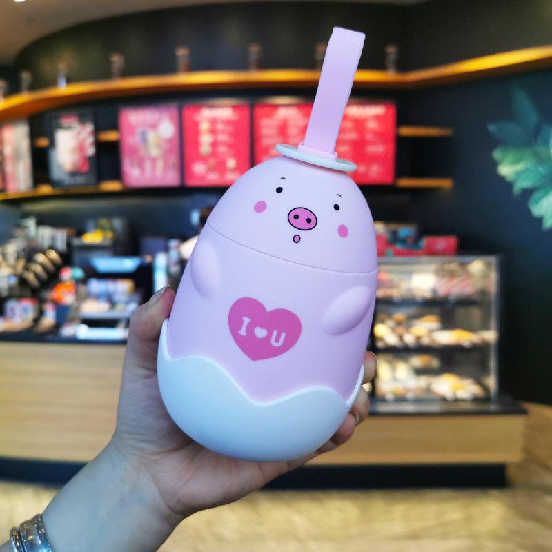 Cartoon Egg Pig Shaped Water Bottle With Rope Glass Liner Cute Kids Girls Drink Bottle 290ML