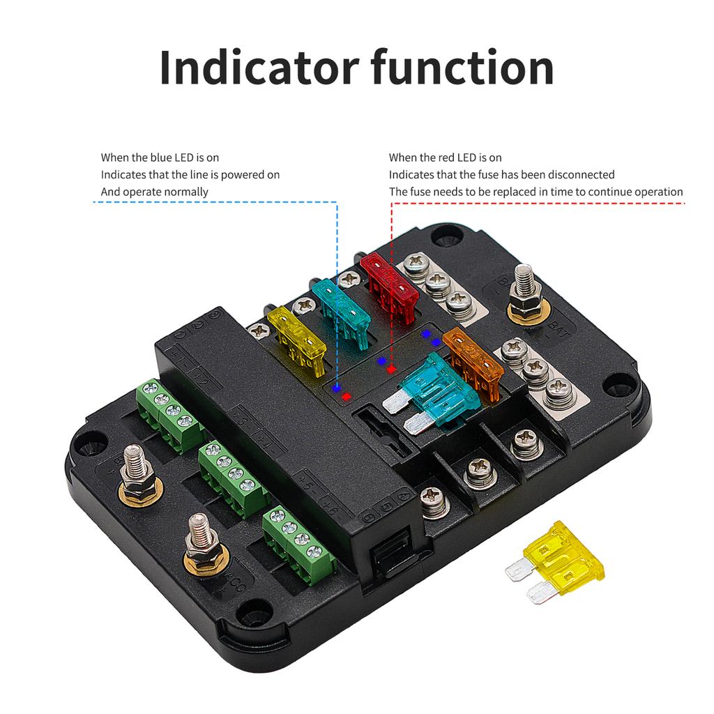 6 Way Fuse Block 6 Circuit Fuse Box Holder with LED Indicator Waterpoof Cover for 12V/24V