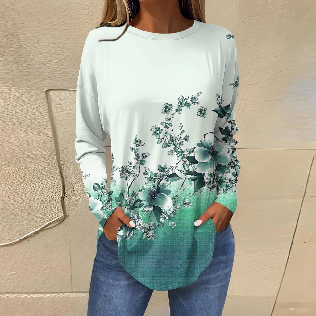 Женская свободная футболка с длинным рукавом с круглым вырезом и принтом, верхний пуловер