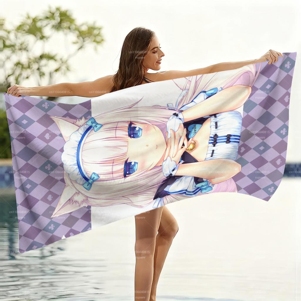 Пляжное полотенце с аниме-персонажем Ванилла из Nekopara, Быстросохнущее впитывающее банное полотенце, Мягкое полотенце из микрофибры для плавания и кемпинга