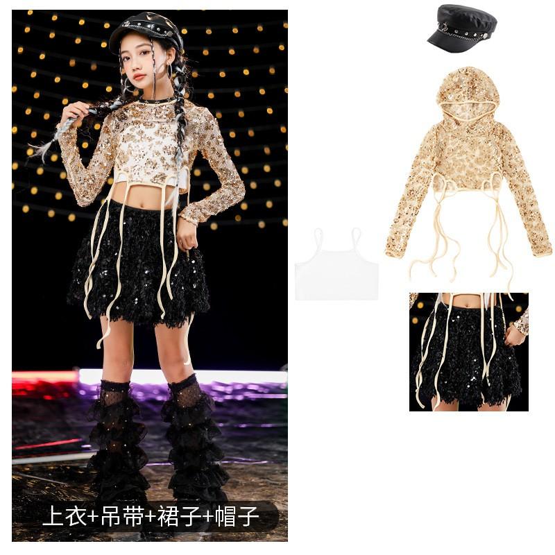 Girls Jazz Dance Outfit Set With Sequin Skirt Hooded Top Streetwear Performance Costume Kids 8