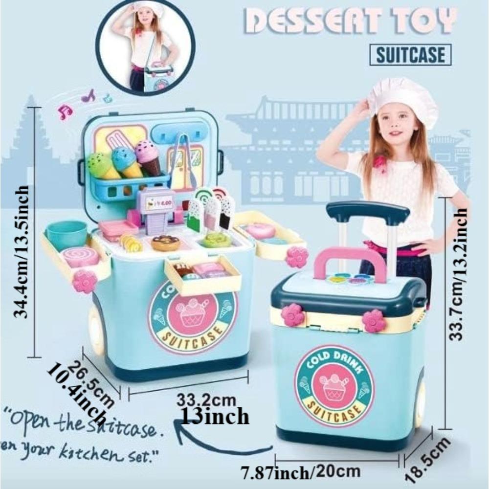 Ice Cream Shop Pretend Play Set Suitcase Cart Toys for Kid Dessert Doctor Play Set with Storage Trolley Table Gift for Boy Girl
