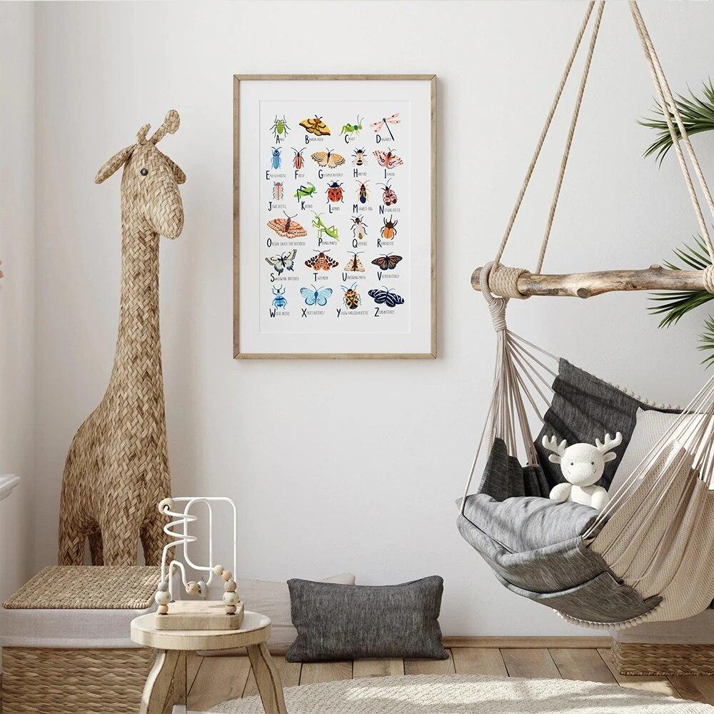 Насекомое Алфавит Wall Art Холст Картина Жук Бабочка Моль Кит Плакаты и принты Скандинавские картины Детская комната Декор Без рамки