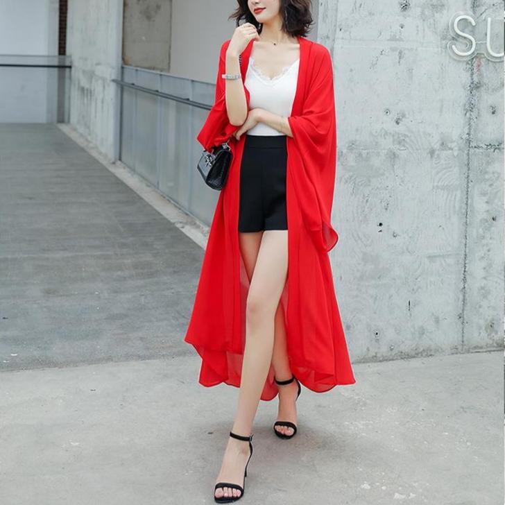 Солнцезащитная одежда, женские шали, летние длинные рукава, верхняя шифоновая рубашка, красная кардиган средней длины, тонкая дышащая куртка