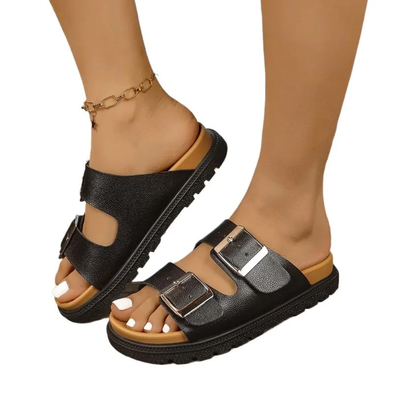 Модная женская обувь 2025 Бренд Открытый носок Женские шлепанцы Модная пряжка на ремне Повседневные Большого размера Новинка Самые продаваемые Удобные шлепанцы на плоской подошве