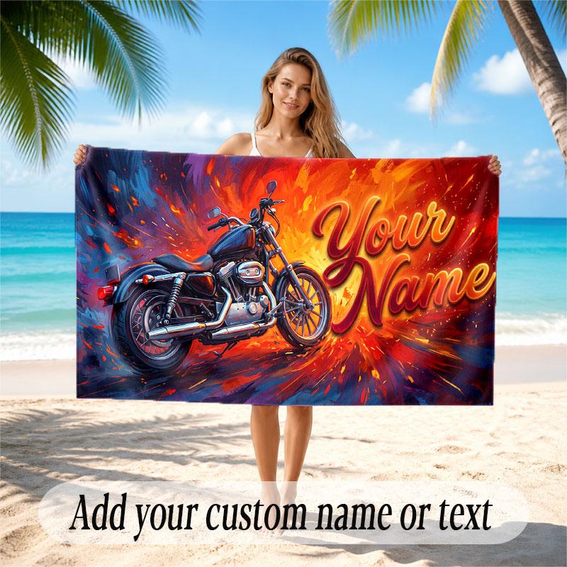 Motorcycle Theme Soft Beach Towel Personalized Custom Name Text Towel Portable for Beach Pool Travel