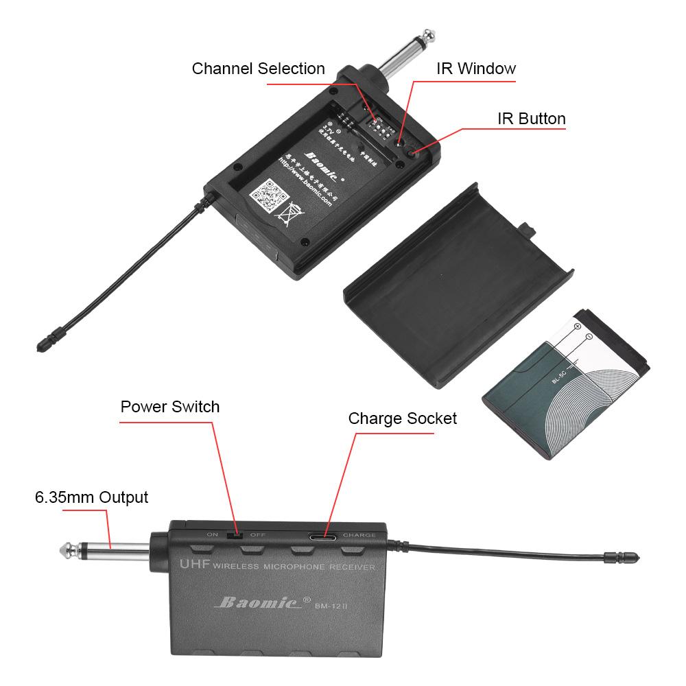 Baomic BM-12/V2 Professional UHF Wireless Instrument Microphone System Receiver & Transmitter 16 Channels for Sax Saxophone Fren