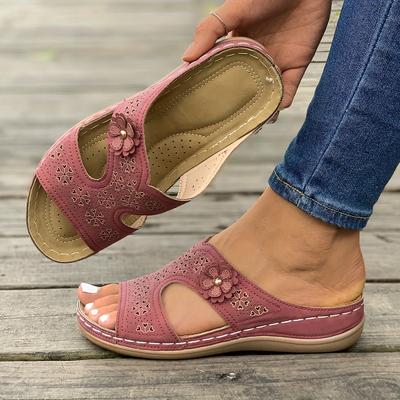 Женские босоножки на танкетке с мягкой подошвой, цветочный декор, повседневная удобная летняя обувь для отдыха на открытом воздухе