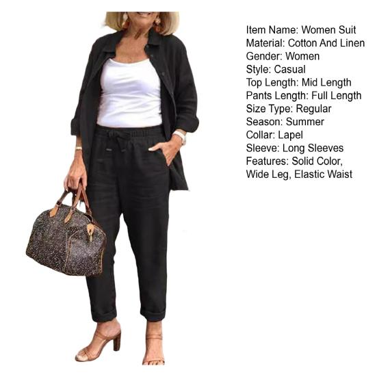 2 Pcs/Set Women Shirt Pants Set Loose Lapel Single-breasted Mid Length Long Sleeve Blouse High Elastic Waist Wide Leg Trousers Daily Wear Clothes