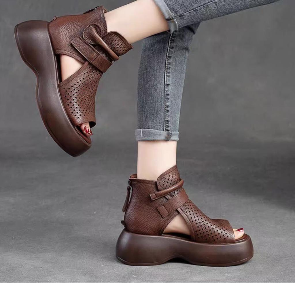 Women's Boot Sandals Open Toe Cutout Sandals High Top Faux Leather Sandals for Women Chunky Platform Casual Sandals With Black Zipper