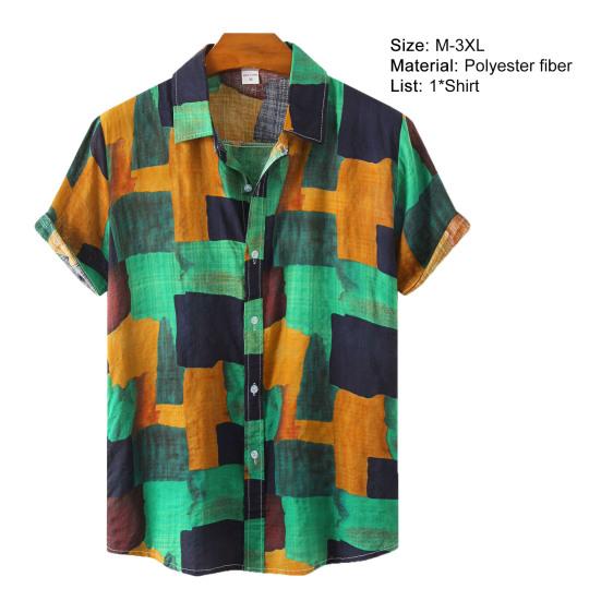 Мужская рубашка в винтажном стиле с геометрическим принтом и красочным отложным воротником, летняя верхняя мужская одежда