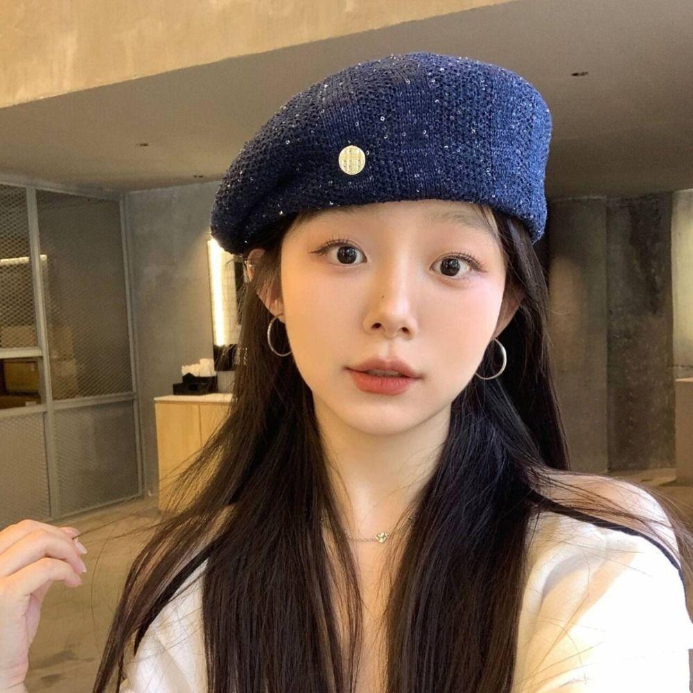 Paillette Weave Hat Breathable Crochet Knitted Cap Elegant Sequin Beret Hat Beach
