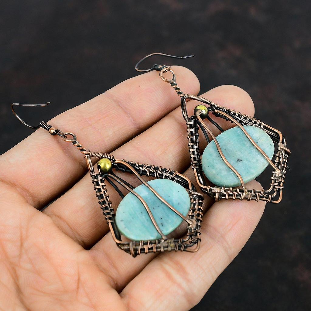 Amazonite Earring Copper Wire Wrapped Gemstone Earrings Handmade Elegant Earring Antique Copper Jewelry Gifts For Mother Birthstone Jewelry
