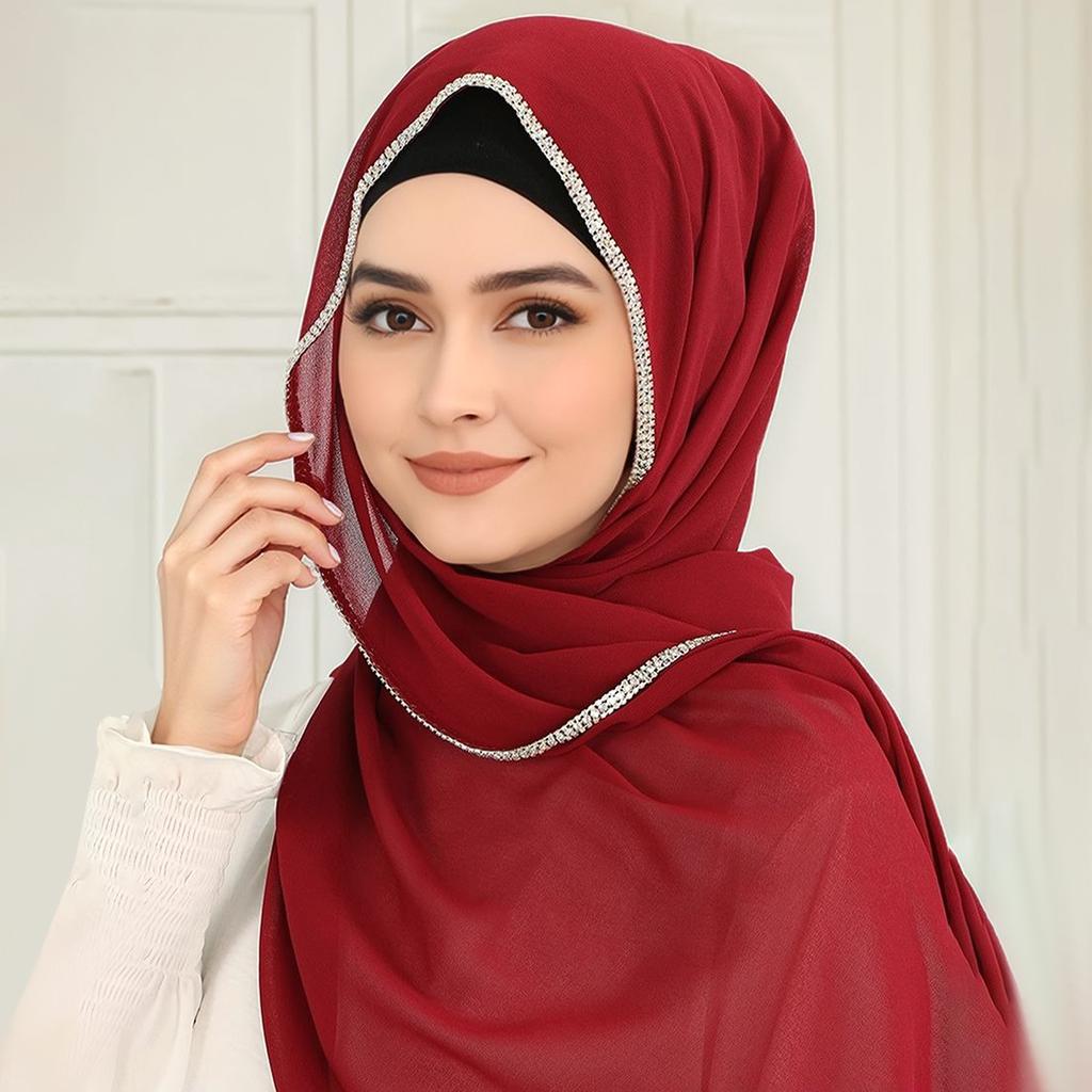 Luxury Rhinestone Chiffon Solid Long Scarf Islamic Women's Head Wrap Neck Scarf Hijab Lightweight Turban Headband 180*70CM