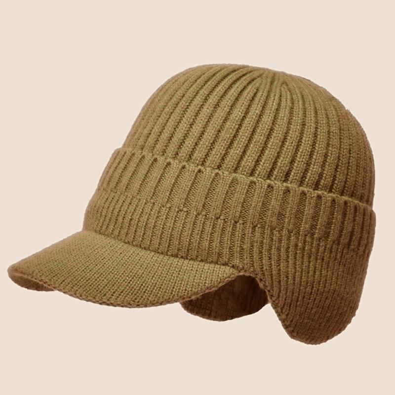 Men's Simple Fashion Autumn and Winter Solid Knitted Wool Hat Thicken Warm Outdoor Earflap Hat with Brim