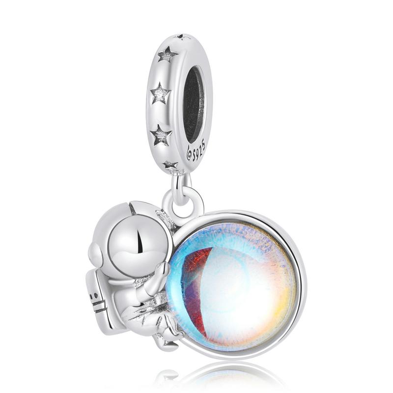 WOSTU 925 Silver Moonstone Charms Heart Beads Astronaut Moon Pendant Fit Bracelet DIY Necklace Jewelry Making
