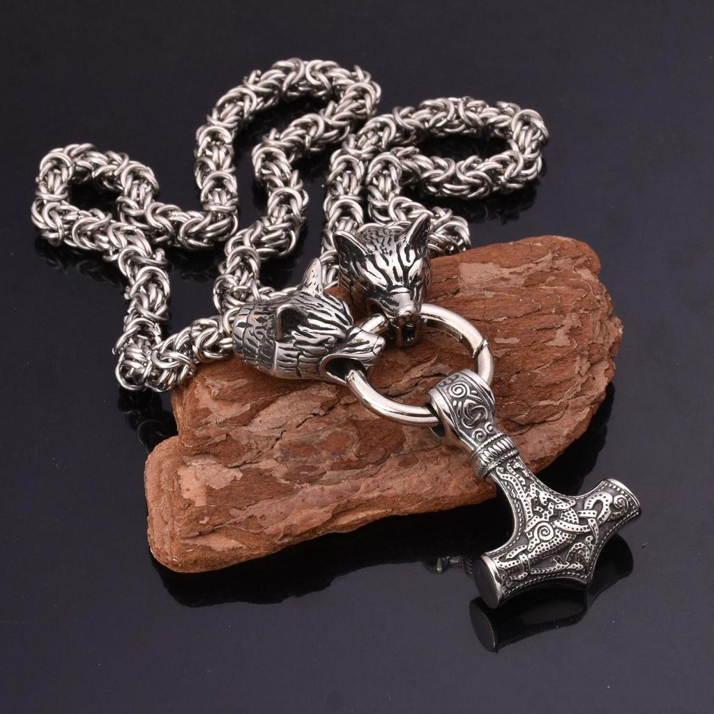 Fashionable Stainless Steel Viking Necklace Wolf Head Thor -Headed Thunderbroken Pendant Necklace Men 'S Jewelry Personality Personality
