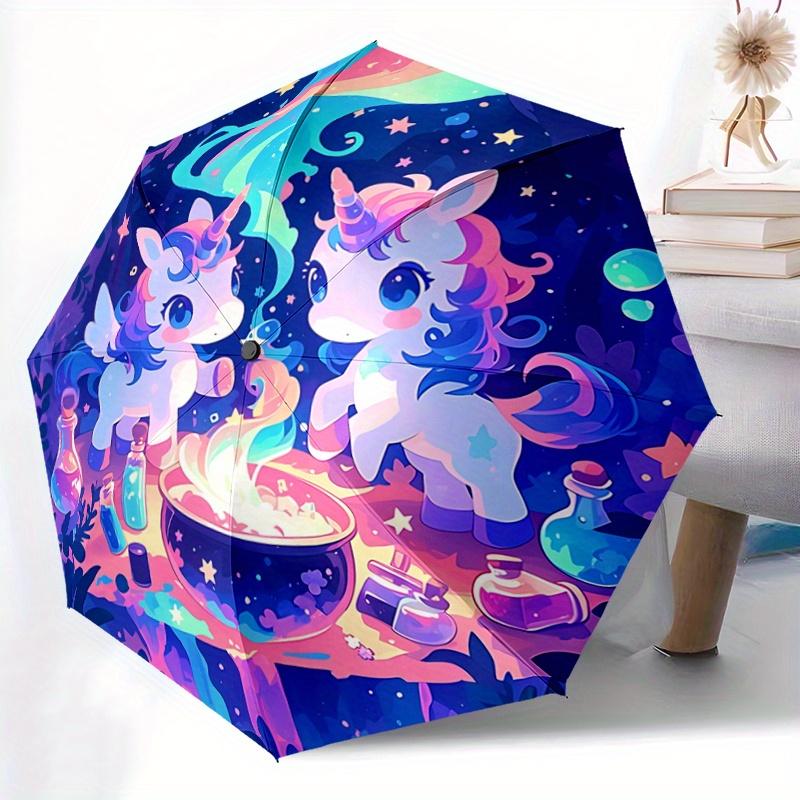 1pc Magic Potion Two Unicorns Cartoon Umbrella, Portable 3-Fold Compact Umbrella, Suitable for Camping, Hiking and Travel, Ideal Easter Birthday