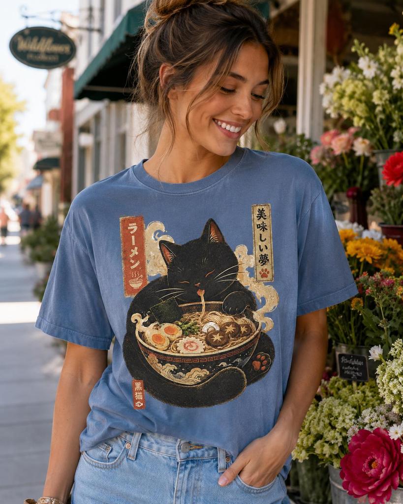 Lucky Cat Ramen Shirt, Maneki Neko Noodle Tee, Japanese Foodie Comfort Colors T-Shirt, Cute Cat Lover Gift