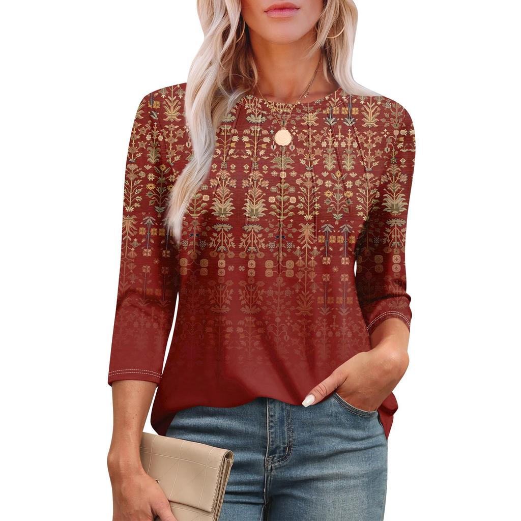 Женская модная футболка с круглым вырезом и рукавом 3/4 с принтом, повседневная, базовая, плиссированная, пуловер