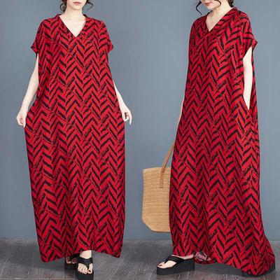 Настоящее место Лето Новое Хлопок и Шелк Полосатый Принт Богемское Платье-Халат V-образный вырез Халат Женский