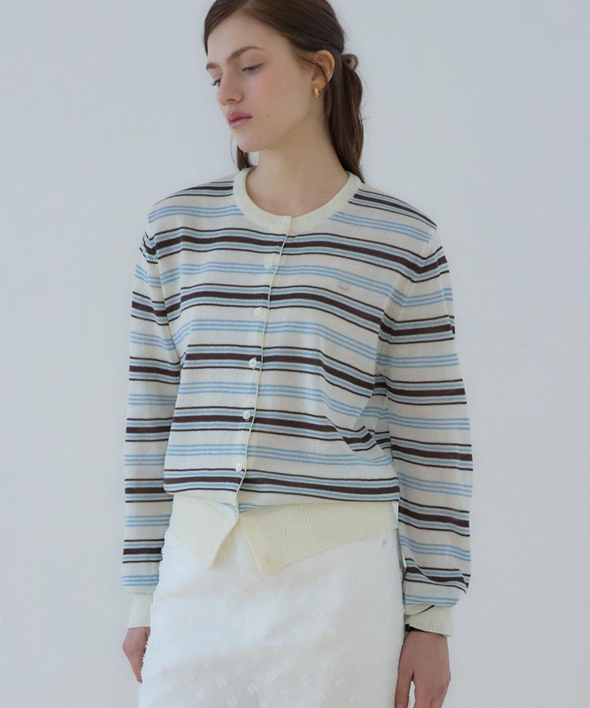 OURHOPE Sheer Multi-Stripe Round Neck Cardigan - White