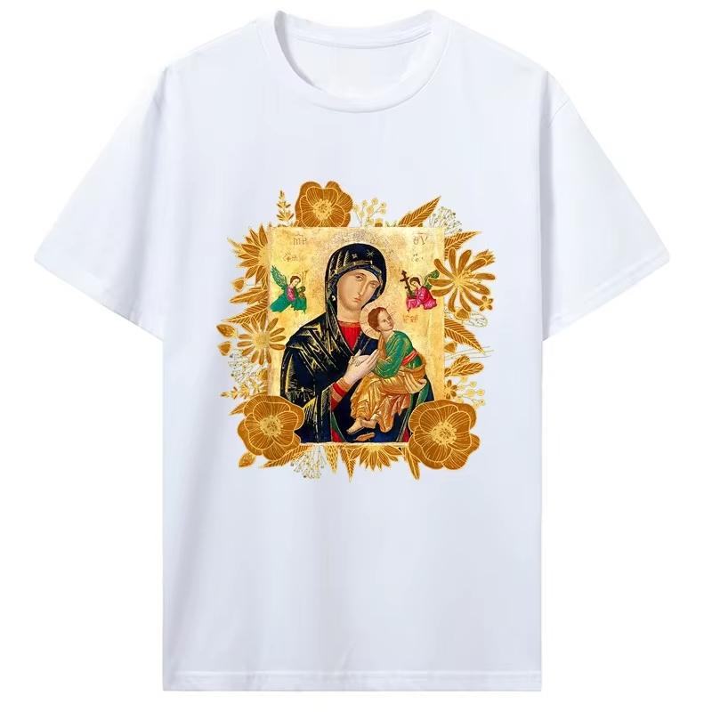 Virgin Mary Baby Jesus Golden Floral Frame Print T Shirt Oversized Black Cotton Tee Religious Retro Art Casual Streetwear Tops