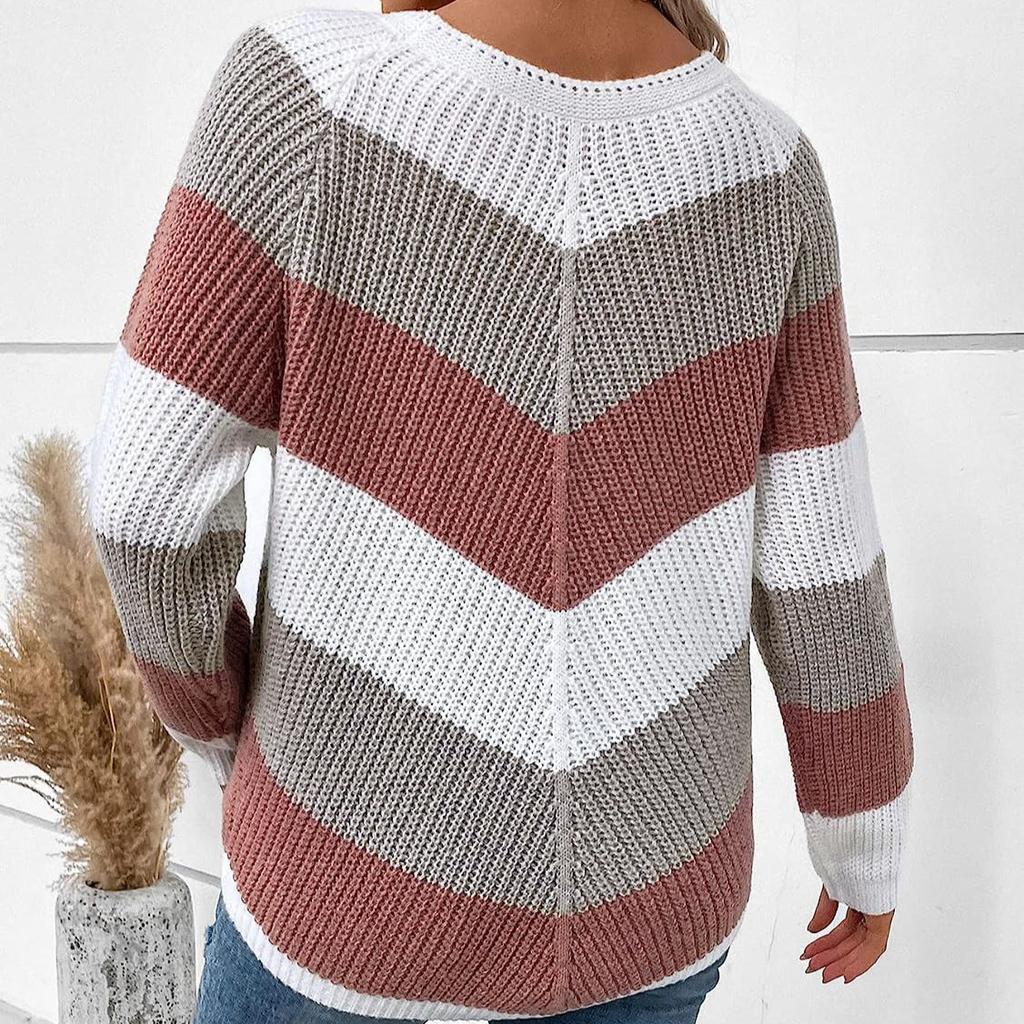 Женский осенне-зимний полосатый симметричный свитер-пэчворк с круглым вырезом