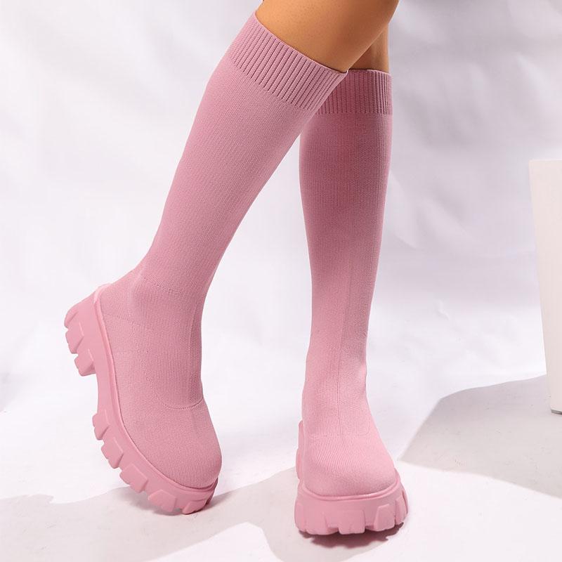 Spring Autumn Boots Women's Fashion Platform Wide Heels Knee-high Boots Knitted Fabrics Stretch Slip-on Socks Boots Casual Shoes