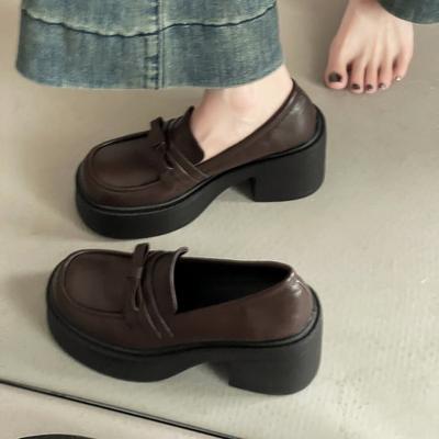 Универсальный модный стиль маленькие кожаные туфли платформа лоферы весна и лето 2025 новые верхняя одежда черные увеличивающие рост одинарные туфли женская обувь