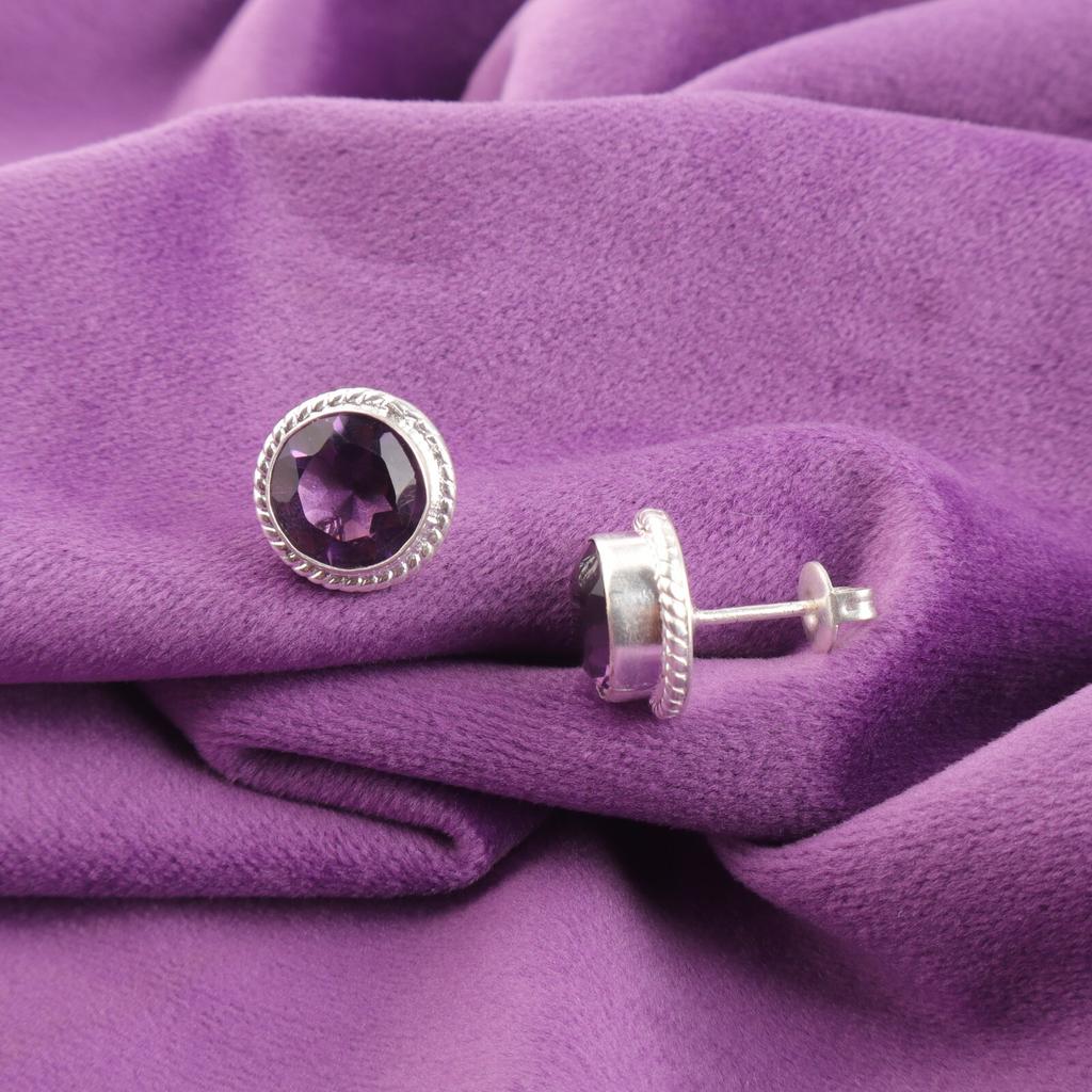 Круглый Аметист Драгоценный Камень Стерлинговое Серебро Подарок на День Рождения Помолвочные Серьги-Пуссеты EE-147-4