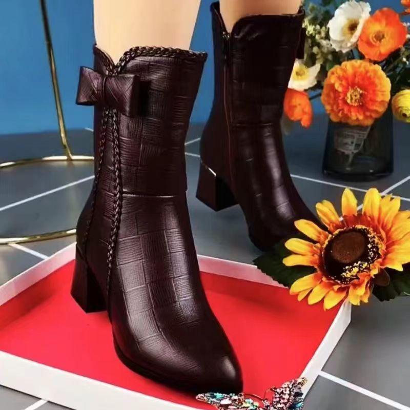 Winter Women's Ankle Boots  Waterproof Cover with Chunky Heel & Pointed Toe Side Zipper Closure