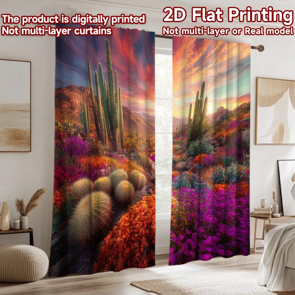 2D flat printing 2pcs Party Curtain Desert Sunset Cactus Flower Bloom Digital Printed Polyester Drapes Holiday Decorations for