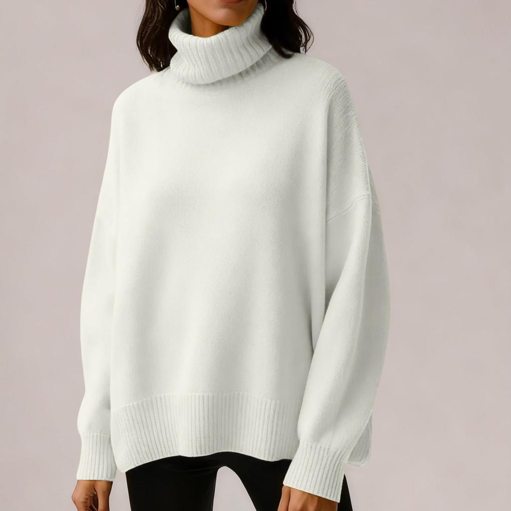 Women's Solid Color High Neck Pullover, Solid Color Loose Knit Sweater