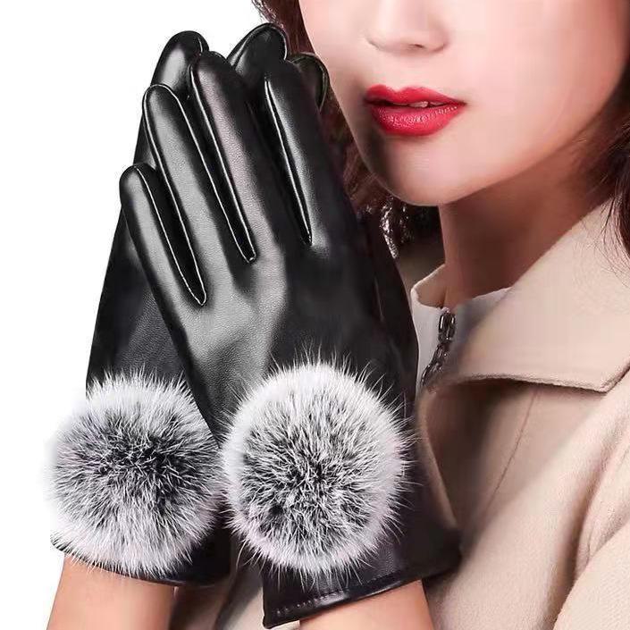 Женские черные бархатные перчатки из искусственной кожи с сенсорным экраном и помпонами из кроличьего меха