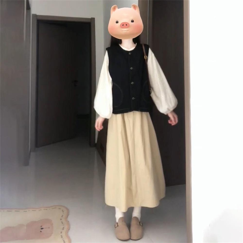 Женский осенний французский милый короткий джинсовый кардиган-жилет с полуюбкой и комплектом белой рубашки с длинным рукавом