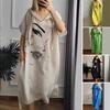 Women Dress Face Print Loose Hooded Drawstring Bohemian Short Sleeves Urban Style Slit Hem Pullover with Side Pocket Mid-calf Length Midi Dress