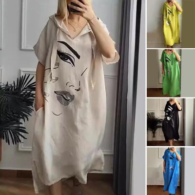 Женское платье с принтом лица, свободный пуловер с капюшоном и шнурком в богемном стиле с короткими рукавами, городской стиль, пуловер с разрезом подол