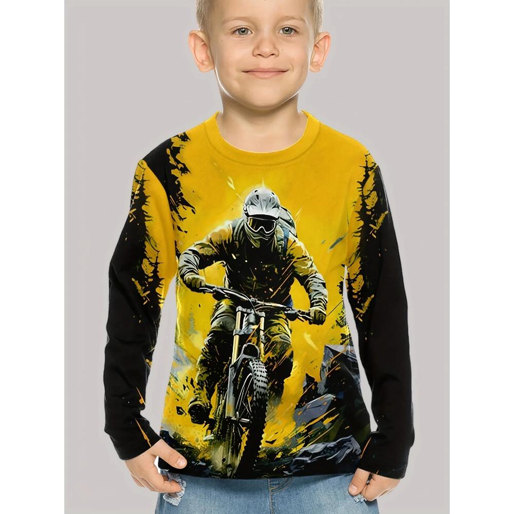 Spring and Autumn Round Neck Motorcycle Pattern 3D Printed Top Fashionable Casual Long Sleeved Children's Boy T-shirts