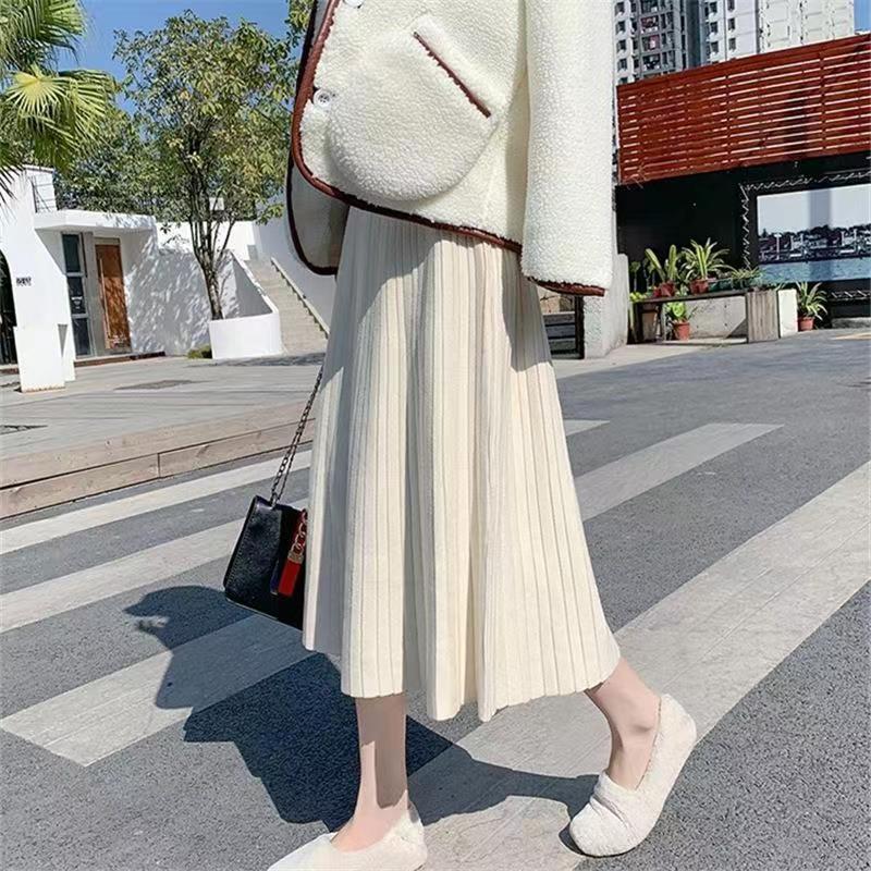 Трикотажная юбка, весенняя плиссированная юбка-зонтик средней длины, осень 2022, осень-зима 2022, тонкая длинная юбка трапециевидной формы с завышенной талией и промежностью