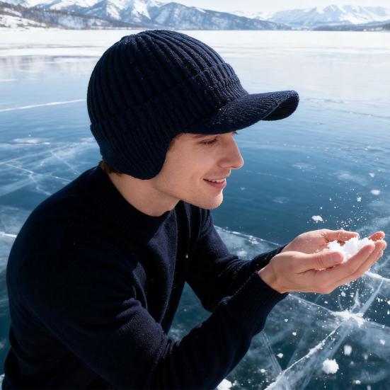 Мужская вязаная шапка с флисовой подкладкой Защита от любой погоды Защита ушей Шапка Эластичный дизайн Зимняя ветрозащитная шапка
