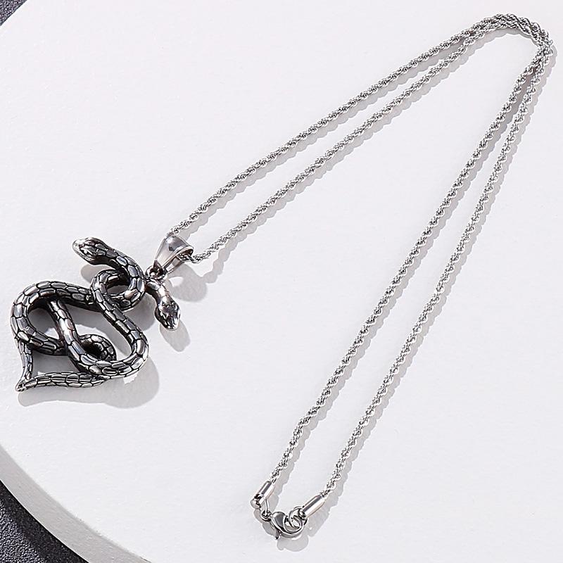 Ретро Винтаж Нержавеющая Сталь Двойная Змея Стиль Заявление Коктейльная Вечеринка Ожерелье с Подвеской для Мужчин с Длинной Витой Цепочкой 60 СМ